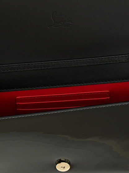 Shoulder Evening Flap Clutch Handbag by Christian Louboutin for women in calfskin leather black features a statuesque silhouette, showcasing a secure flap & magnetic and organized with versatile shoulder-strap for statuesque evening wear.