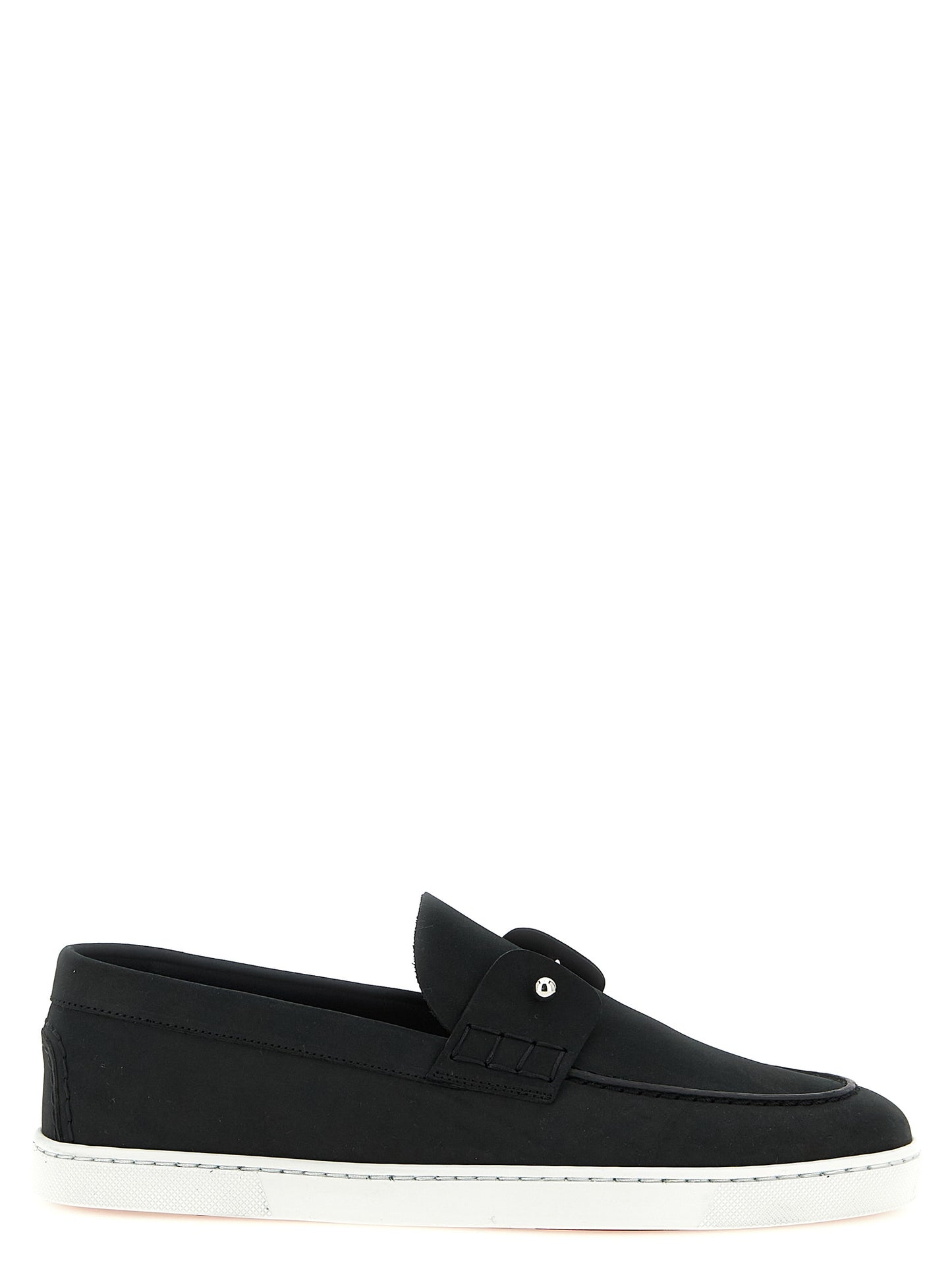 Loafer Slip-On Shoes by Christian Louboutin for men in bos taurus nubuck calfskin leather black & signature features an effortless chic silhouette, showcasing the Men's Bos Taurus Nubuck Calfskin Leather Loafer Slip-On Shoes design with an effortless chic and a for a effortless chic look.