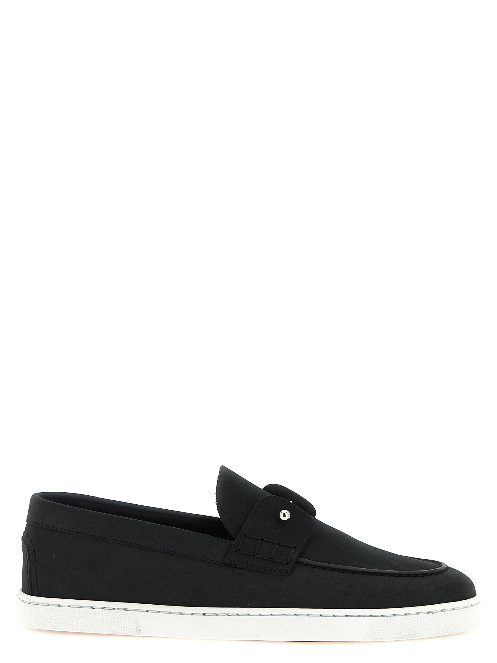 Loafer Slip-On Shoes by Christian Louboutin for men in bos taurus nubuck calfskin leather black & signature features an effortless chic silhouette, showcasing the Men's Bos Taurus Nubuck Calfskin Leather Loafer Slip-On Shoes design with an effortless chic and a for a effortless chic look.