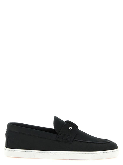 Loafer Slip-On Shoes by Christian Louboutin for men in bos taurus nubuck calfskin leather black & signature features an effortless chic silhouette, showcasing the Men's Bos Taurus Nubuck Calfskin Leather Loafer Slip-On Shoes design with an effortless chic and a for a effortless chic look.