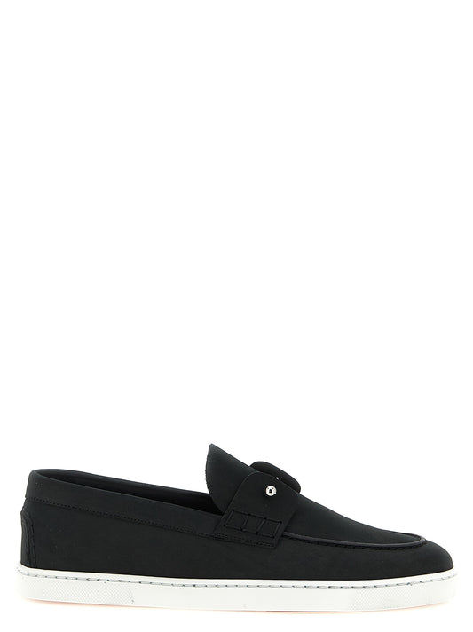 Loafer Slip-On Shoes by Christian Louboutin for men in bos taurus nubuck calfskin leather black & signature features an effortless chic silhouette, showcasing the Men's Bos Taurus Nubuck Calfskin Leather Loafer Slip-On Shoes design with an effortless chic and a for a effortless chic look.