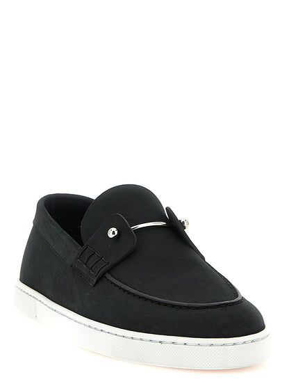 Loafer Slip-On Shoes by Christian Louboutin for men in bos taurus nubuck calfskin leather black & signature features an ergonomic silhouette, perfectly showcasing Men's Bos Taurus Nubuck Calfskin Leather Loafer Slip-On Shoes with its distinct and elegant .