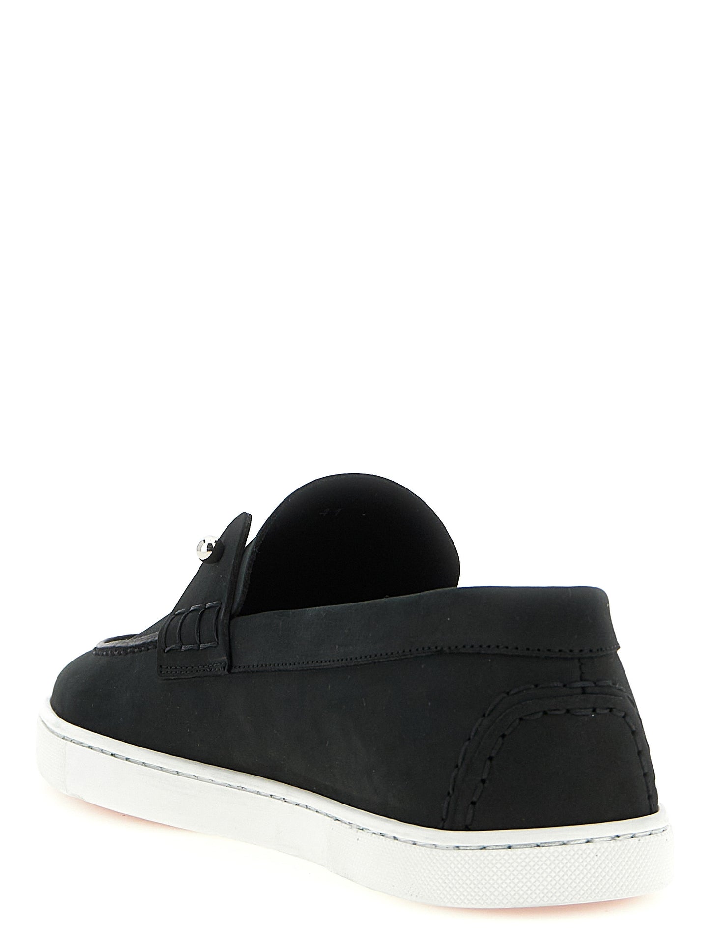 Loafer Slip-On Shoes by Christian Louboutin for men in bos taurus nubuck calfskin leather black & signature showcases a timeless silhouette from the Men's Bos Taurus Nubuck Calfskin Leather Loafer Slip-On Shoes collection, featuring a timeless and for a timeless finish.