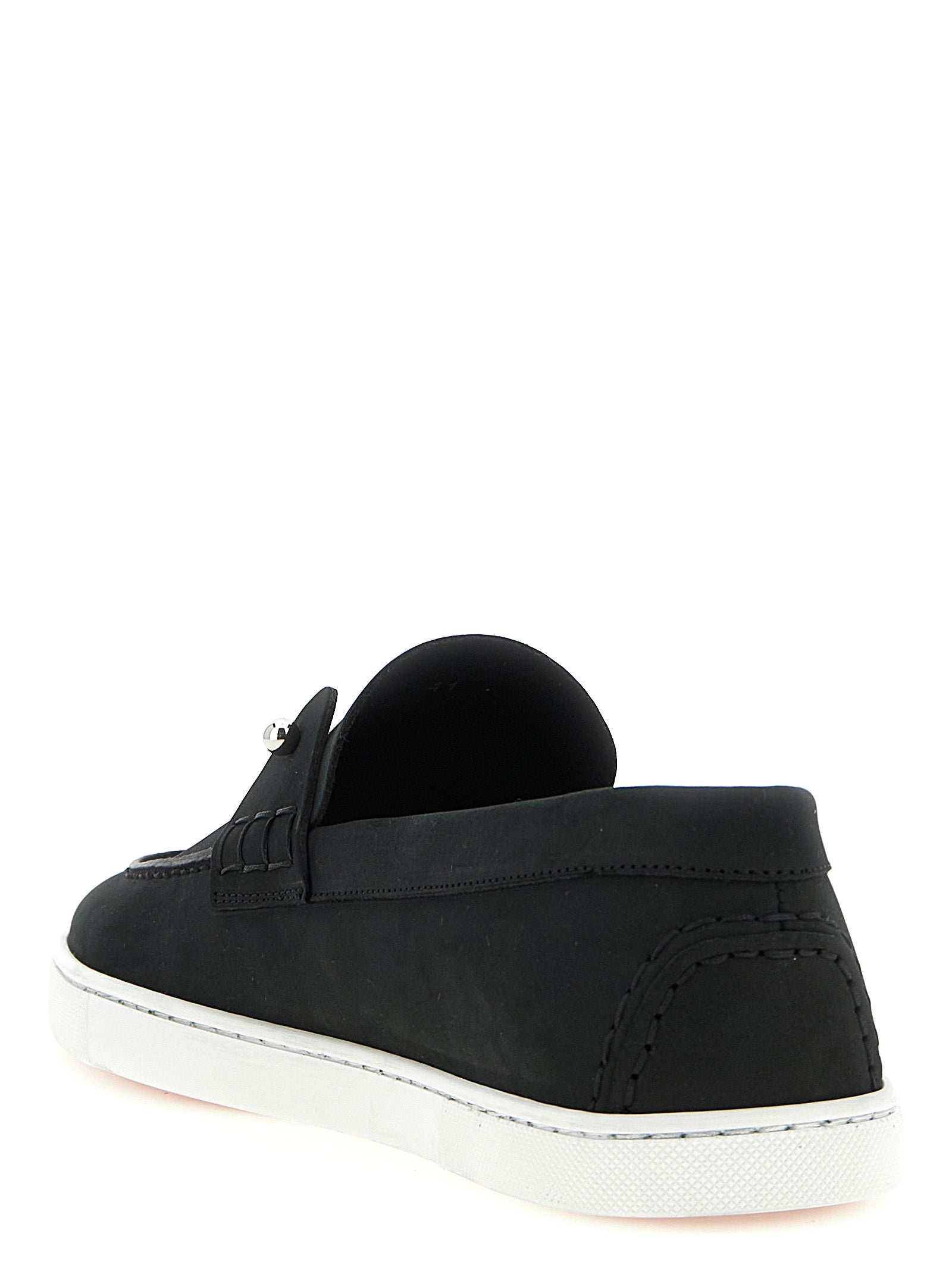 Loafer Slip-On Shoes by Christian Louboutin for men in bos taurus nubuck calfskin leather black & signature showcases a timeless silhouette from the Men's Bos Taurus Nubuck Calfskin Leather Loafer Slip-On Shoes collection, featuring a timeless and for a timeless finish.