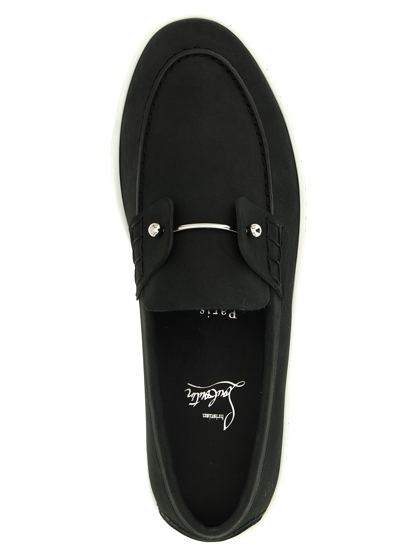 Loafer Slip-On Shoes by Christian Louboutin for men in bos taurus nubuck calfskin leather black & signature showcases a resplendent Men's Bos Taurus Nubuck Calfskin Leather Loafer Slip-On Shoes aesthetic, defined by its resplendent and elegant .