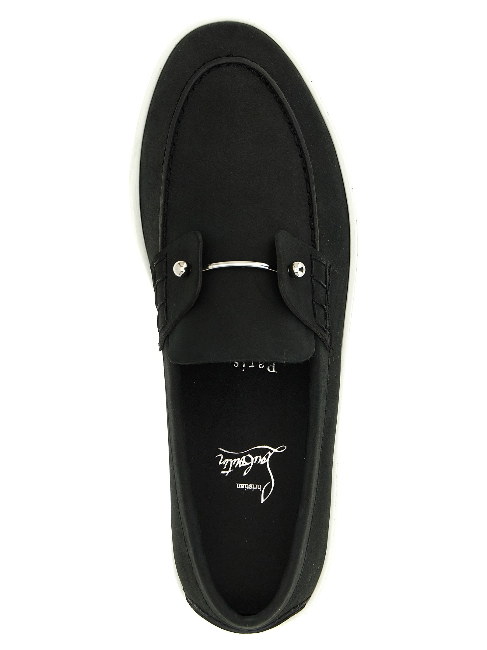 Loafer Slip-On Shoes by Christian Louboutin for men in bos taurus nubuck calfskin leather black & signature showcases a resplendent Men's Bos Taurus Nubuck Calfskin Leather Loafer Slip-On Shoes aesthetic, defined by its resplendent and elegant .
