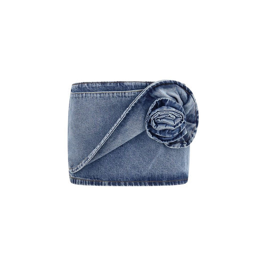 Skirt by Magda Butrym for women in denim cotton blue & floral showcases a sultry silhouette, elegantly defined by its mini and the sophisticated sultry design of the Women's Denim Low Rise Cotton Mini Skirt.