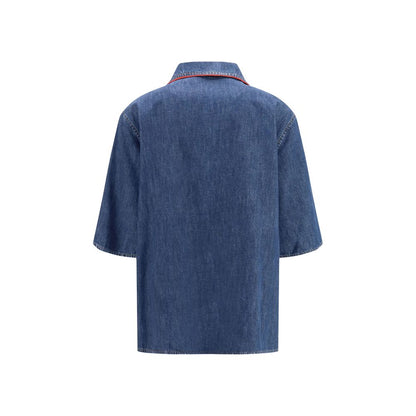 Shirt by Valentino Garavani for women in denim cotton blue, red & signature features an polished silhouette, showcasing a sophisticated v-neck neckline and detail for a truly polished finish.