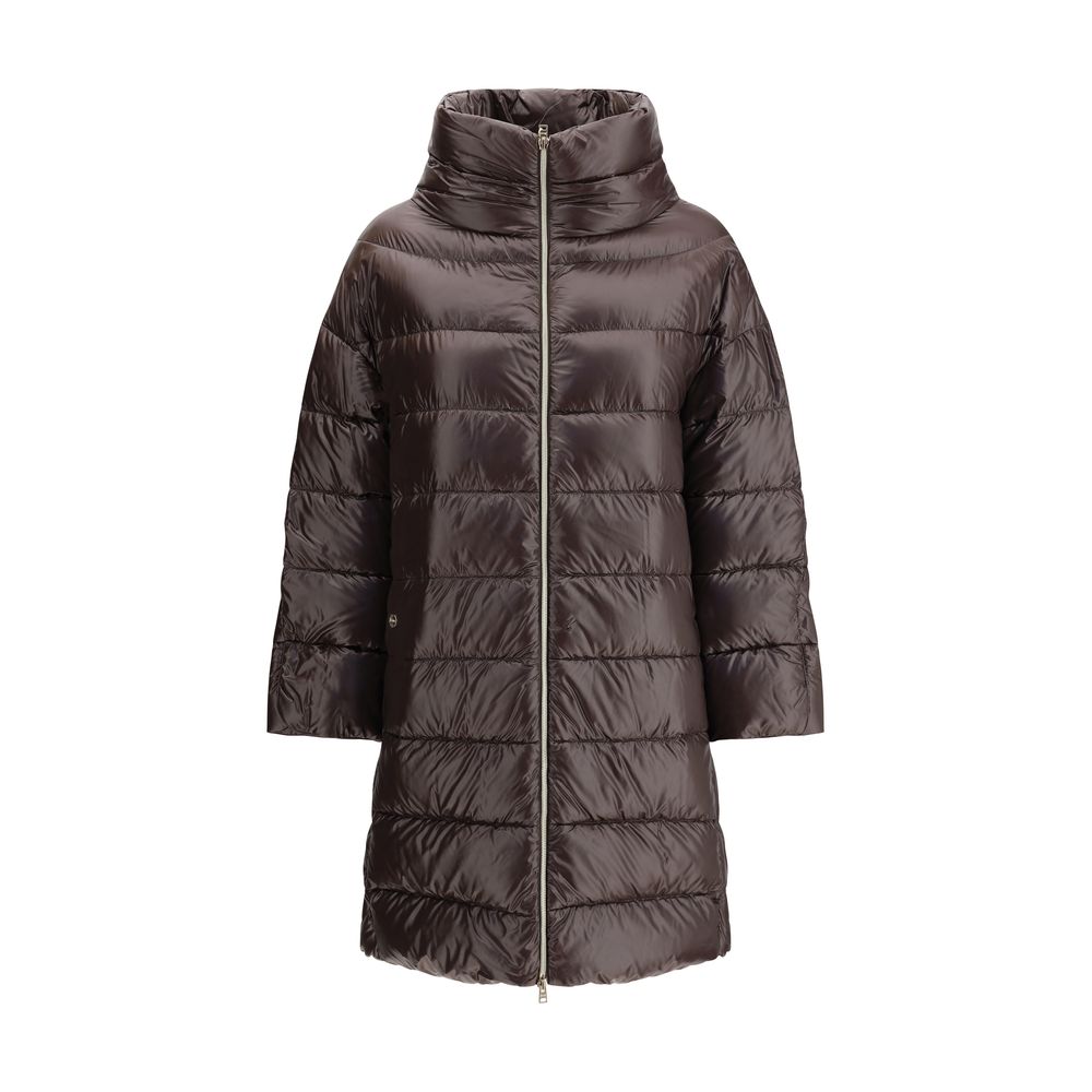Puffer Jacket by Herno for women in polyester brown & patterned showcases a bohemian silhouette, artfully detailed with a bohemian high-collar neckline and signature pockets & insulated for a truly bohemian finish.