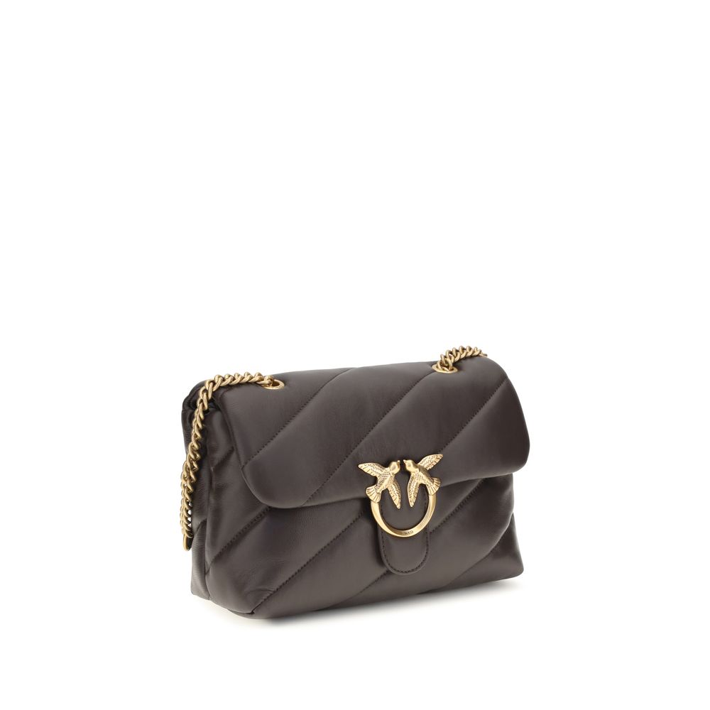 Quilted Shoulder Bag by PINKO for women in bos taurus calf leather brown, gold, signature & monogram features an effortlessly chic silhouette with a secure magnetic & button, ample built-in-compartments, and versatile shoulder-strap for effortlessly chic everyday luxury.