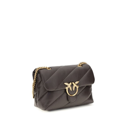Quilted Shoulder Bag by PINKO for women in bos taurus calf leather brown, gold, signature & monogram features an effortlessly chic silhouette with a secure magnetic & button, ample built-in-compartments, and versatile shoulder-strap for effortlessly chic everyday luxury.
