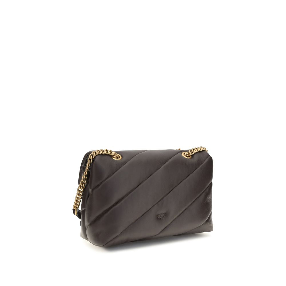 Quilted Shoulder Bag by PINKO for women in bos taurus calf leather brown, gold, signature & monogram features a effortless chic silhouette with a secure magnetic & button, ample built-in-compartments, and versatile shoulder-strap for a effortless chic finish.