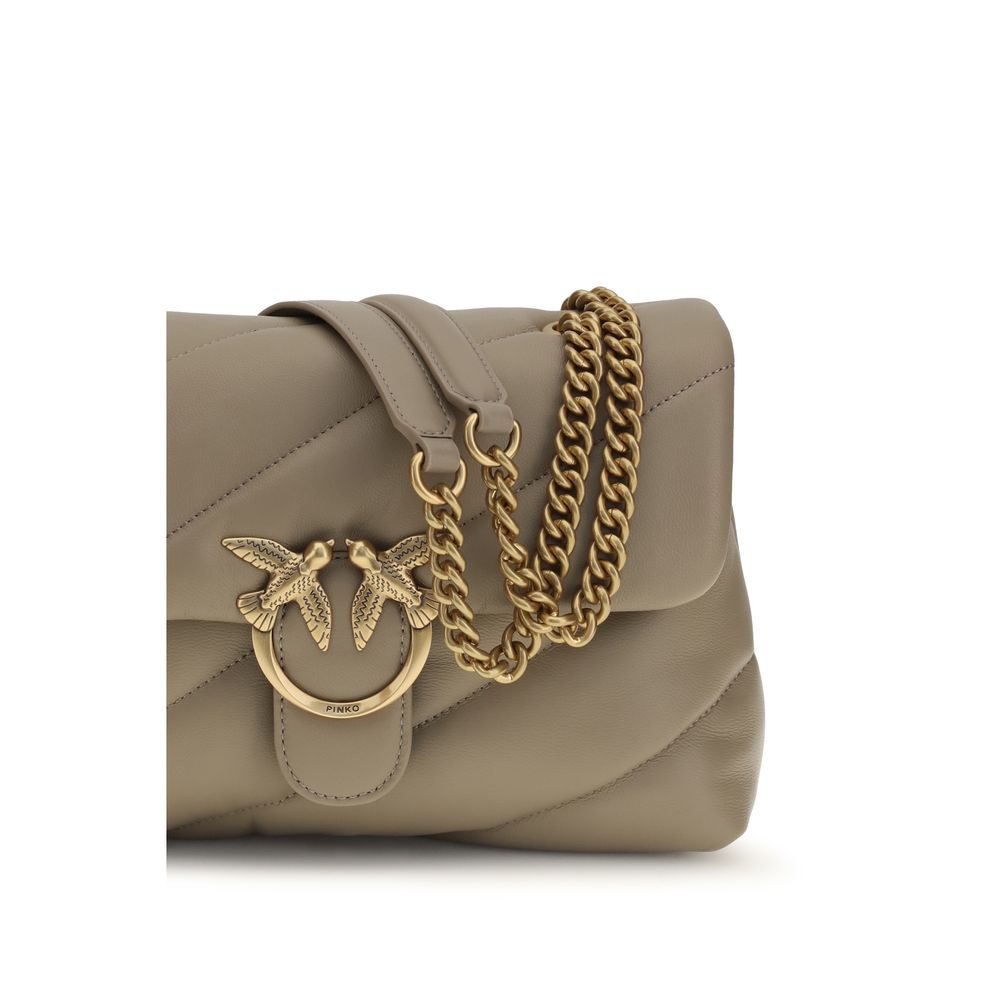 Quilted Shoulder Bag by PINKO for women in bos taurus calf leather gray, gold & monogram features an effortlessly chic silhouette with a secure magnetic & button, ample built-in-compartments, and versatile shoulder-strap for effortlessly chic everyday luxury.