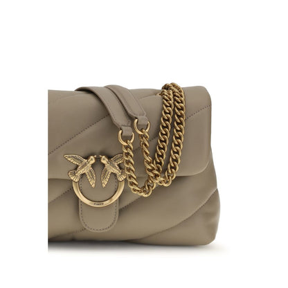 Quilted Shoulder Bag by PINKO for women in bos taurus calf leather gray, gold & monogram features an effortlessly chic silhouette with a secure magnetic & button, ample built-in-compartments, and versatile shoulder-strap for effortlessly chic everyday luxury.