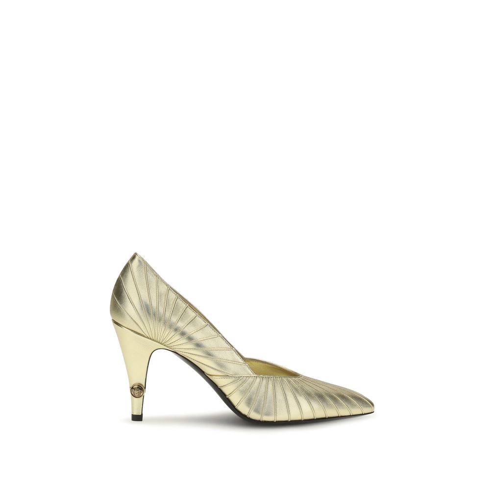 High-Heel Pumps Heels by Versace for women in bos taurus calf leather gold features a effortless chic silhouette, showcasing the Women's Bos Taurus Calf Leather High-Heel Pumps Heels design with a effortless chic high-heel and pointed toe style for a effortless chic finish.