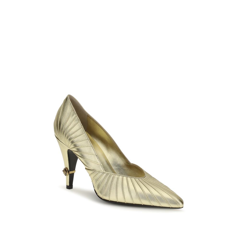 High-Heel Pumps Heels by Versace for women in bos taurus calf leather gold features an effortlessly chic silhouette from the Women's Bos Taurus Calf Leather High-Heel Pumps Heels collection, showcasing a high-heel and effortlessly chic pointed toe style for a effortlessly chic look.