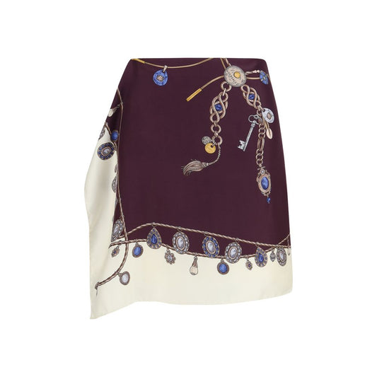 Skirt by Versace for women in silk twill bordeaux & print features a captivating silhouette, showcasing the captivating Women's Silk Twill Mini Skirt design with a sophisticated mini for a captivating look.