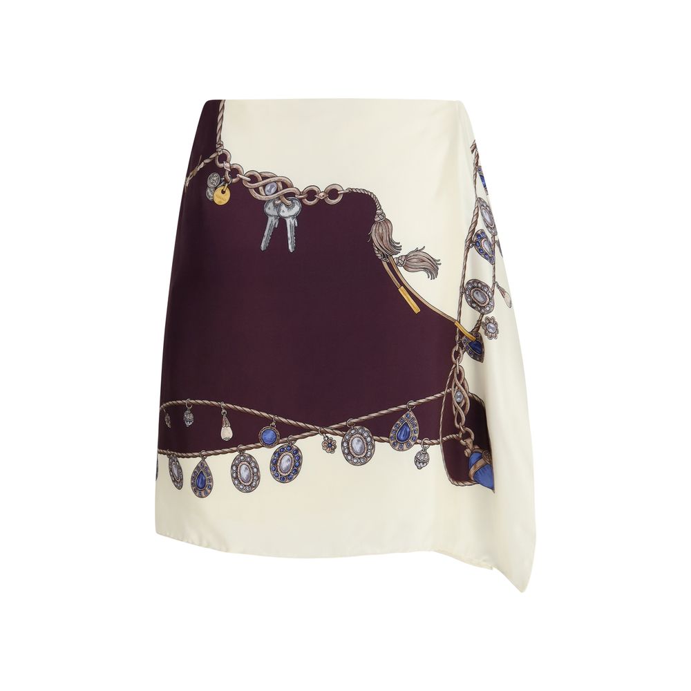 Skirt by Versace for women in silk twill bordeaux & print features a contoured silhouette from the Women's Silk Twill Mini Skirt collection, characterized by its contoured mini for a contoured finish.