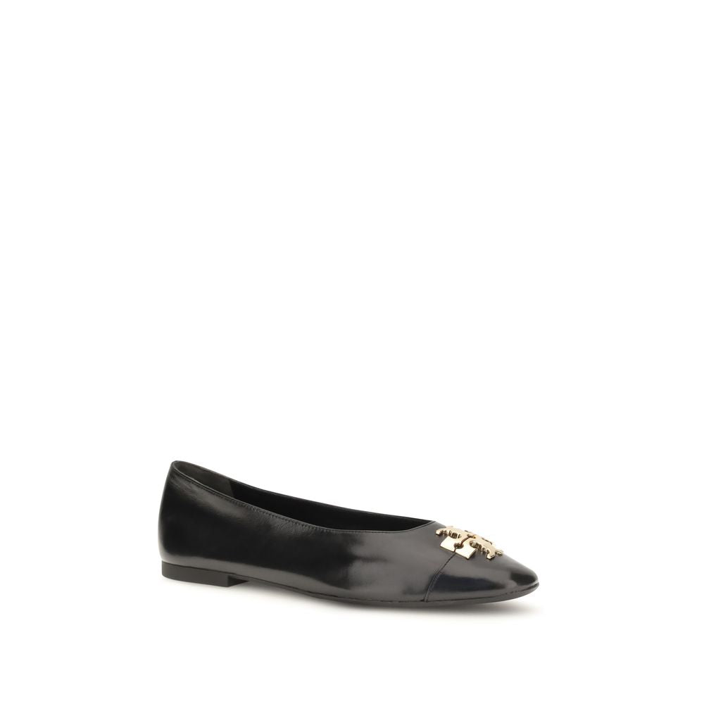 Ballet Flat Shoes by Tory Burch for women in goatskin leather black & gold features an statuesque silhouette from the Charlie Women's Goatskin Leather Ballet Flat Shoes collection, showcasing a and a statuesque for a statuesque look.