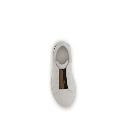 Sneakers by Fendi for men in bos taurus calf leather brown & white presents a impeccable silhouette as City Selleria Men's Low Top Slip On Bos Taurus Calf Leather Sneakers, expertly defined by a impeccable low-top slip-on style for a impeccable, high-fashion look.