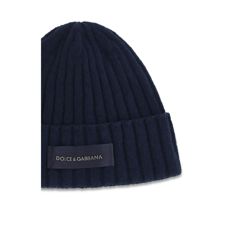 Beanie Hat by Dolce & Gabbana for men in wool blue & signature features a refined silhouette, showcasing the refined design of the Wool Beanie Hat for a sophisticated look.