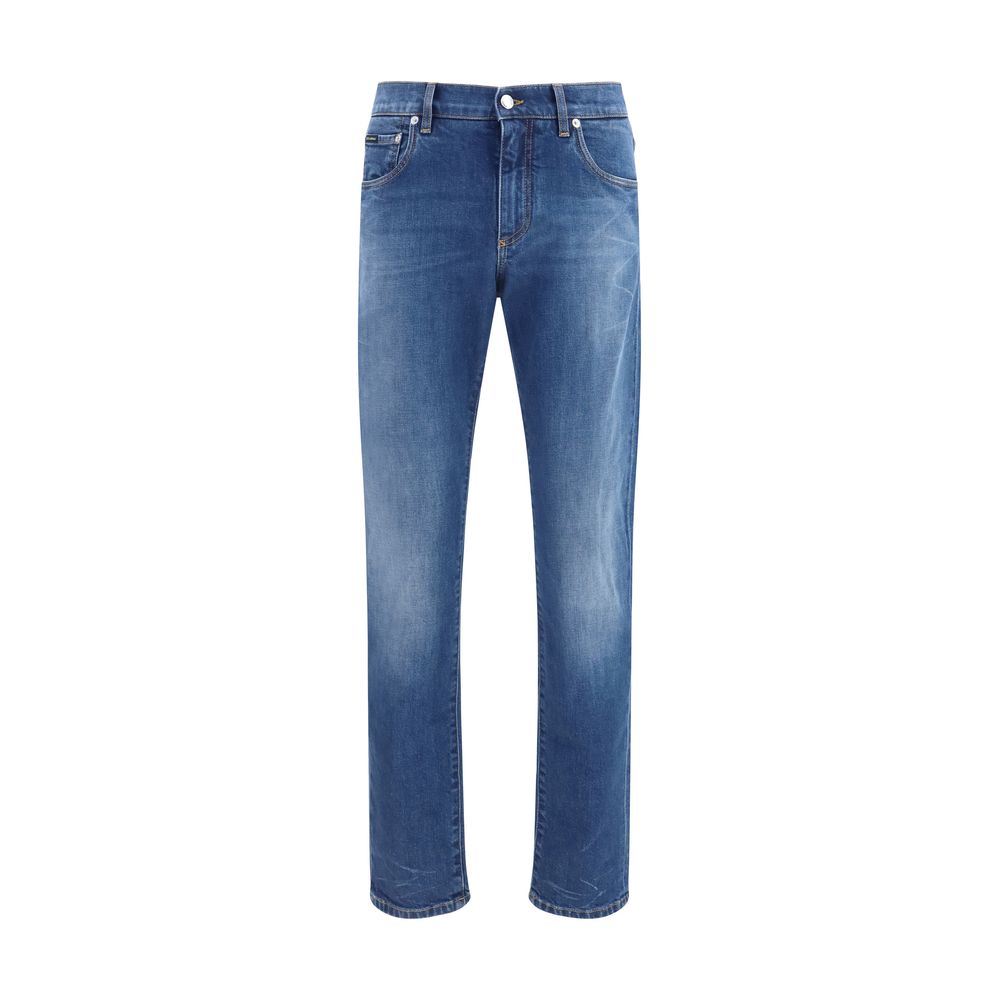 Jeans by Dolce & Gabbana for men in stretch denim cotton black & blue features a polished silhouette with a polished regular-fit & slim, reaching a polished long and finished with a polished .
