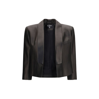 Jacket by Balmain for women in leather black, gold & signature showcases a enveloping silhouette, artfully detailed with a enveloping shawl-collar neckline and premium pockets for a truly enveloping finish.