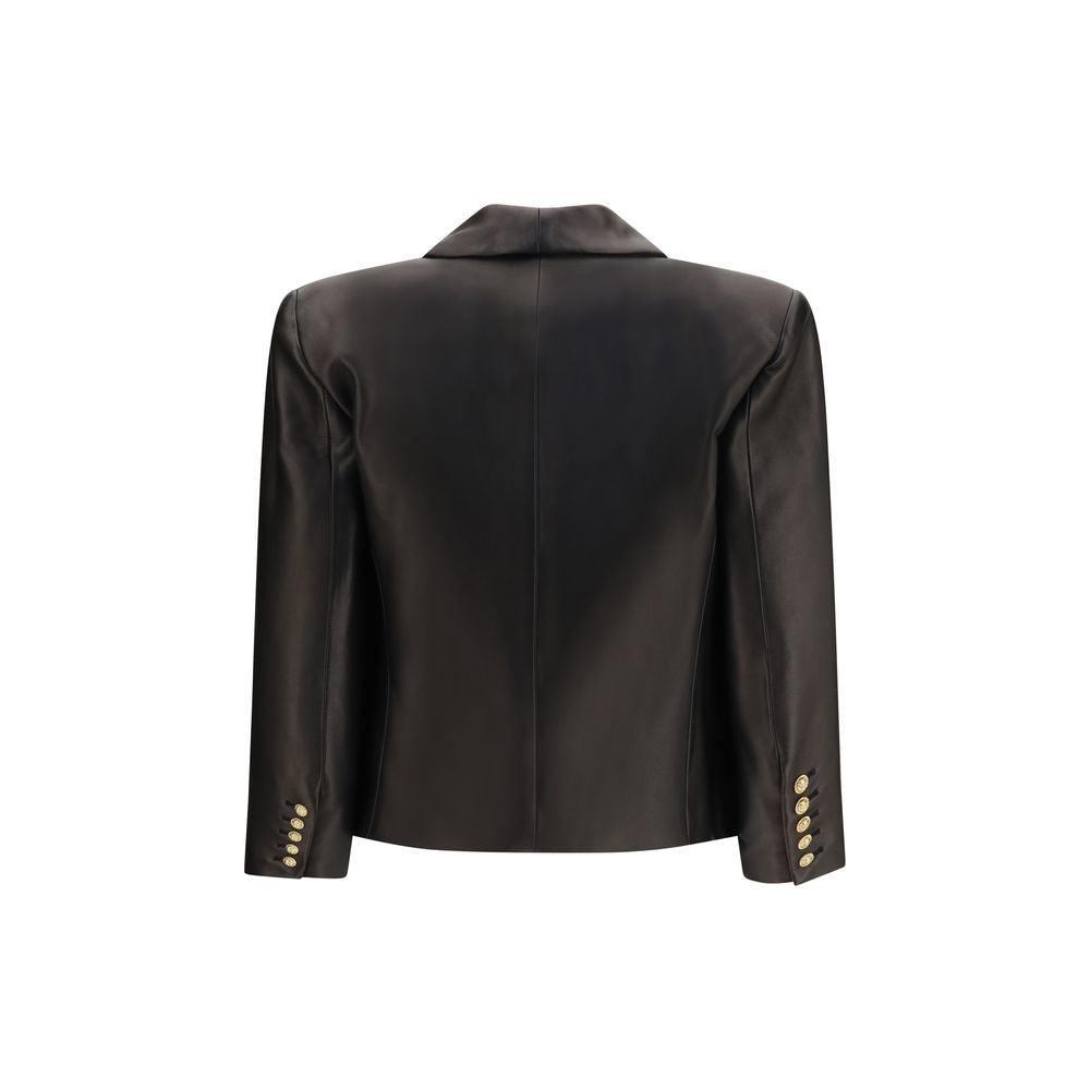 This Jacket by Balmain for women in leather black, gold & signature showcases a magnificent silhouette, meticulously crafted with a distinctive shawl-collar neckline and functional pockets for a magnificent finish.