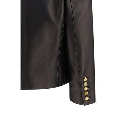 Jacket by Balmain for women in leather black, gold & signature features a smart silhouette, perfectly accentuated by its unique and functional pockets for a smart finish.