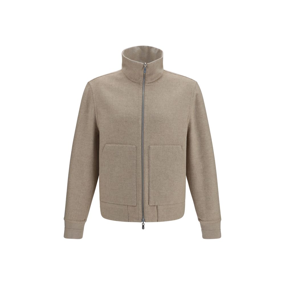 Overcoat by Brunello Cucinelli for men in cashmere & capra leather beige showcases a enveloping silhouette, detailed with distinctive pockets and a enveloping high-collar neckline.