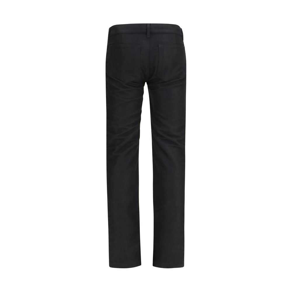 Jeans by Rick Owens for men in denim & merino wool black & herringbone presents a tailored silhouette, showcasing a tailored straight-leg & regular-fit and long cut with a refined low rise for a truly tailored aesthetic.