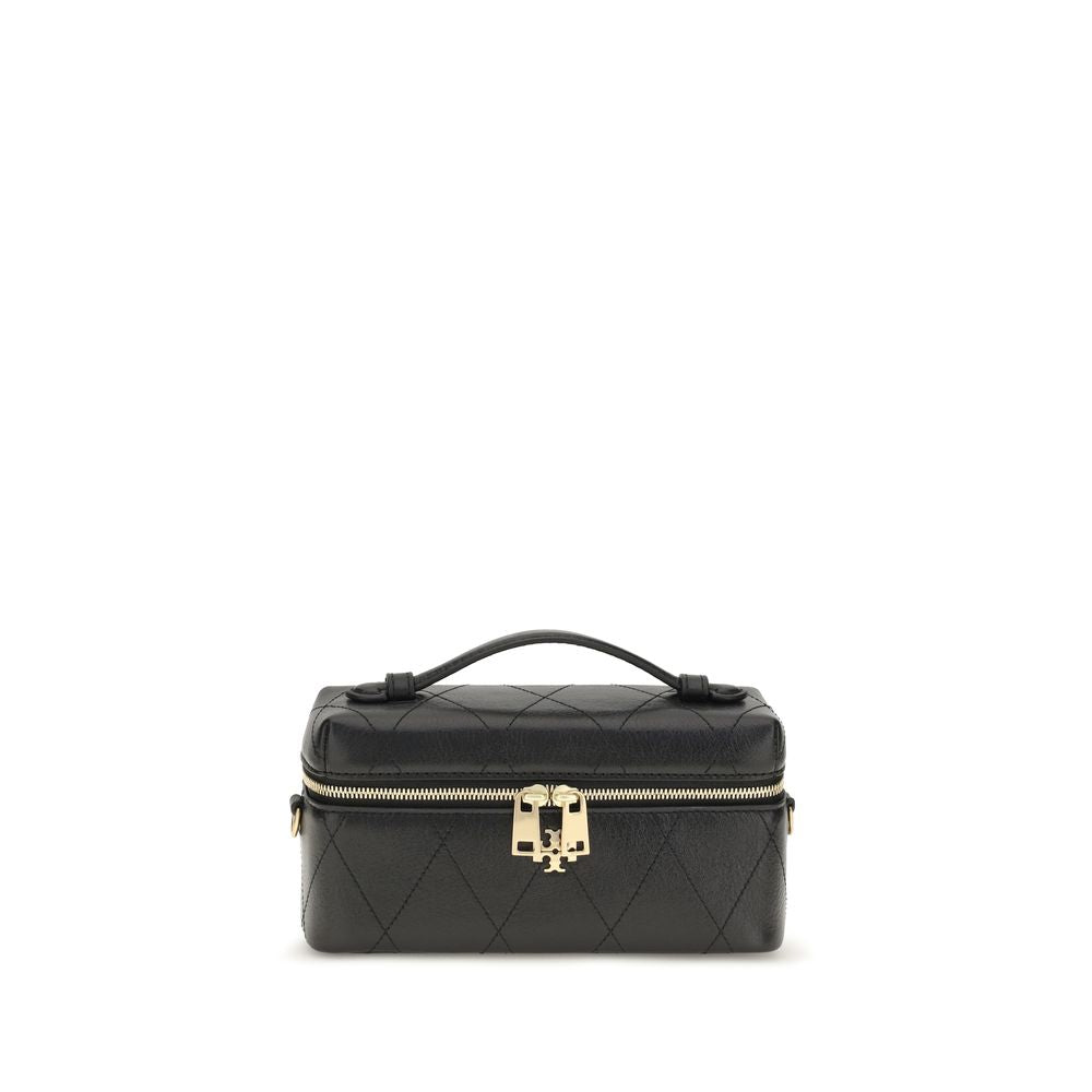 This Tory Burch women bos taurus calf grained leather Quilted Makeup Bag in black presents a chic silhouette from the Charlie Bos Taurus Calf Grained Leather Quilted Makeup Bag collection, showcasing a secure zipper, ample , and versatile adjustable-strap & handle.