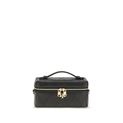 This Tory Burch women bos taurus calf grained leather Quilted Makeup Bag in black presents a chic silhouette from the Charlie Bos Taurus Calf Grained Leather Quilted Makeup Bag collection, showcasing a secure zipper, ample , and versatile adjustable-strap & handle.