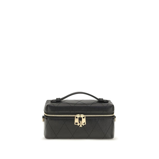 This Tory Burch women bos taurus calf grained leather Quilted Makeup Bag in black presents a chic silhouette from the Charlie Bos Taurus Calf Grained Leather Quilted Makeup Bag collection, showcasing a secure zipper, ample , and versatile adjustable-strap & handle.