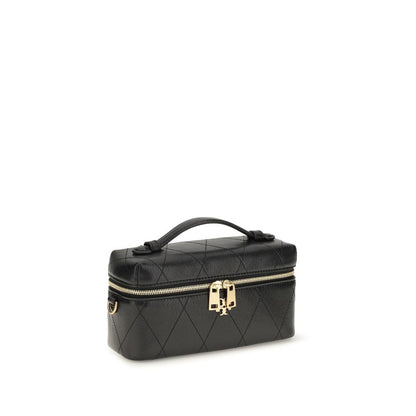 Quilted Makeup Bag by Tory Burch for women in bos taurus calf grained leather black features a on trend silhouette, showcasing the on trend design of the Charlie Bos Taurus Calf Grained Leather Quilted Makeup Bag with a secure zipper, ample , and versatile adjustable-strap & handle.