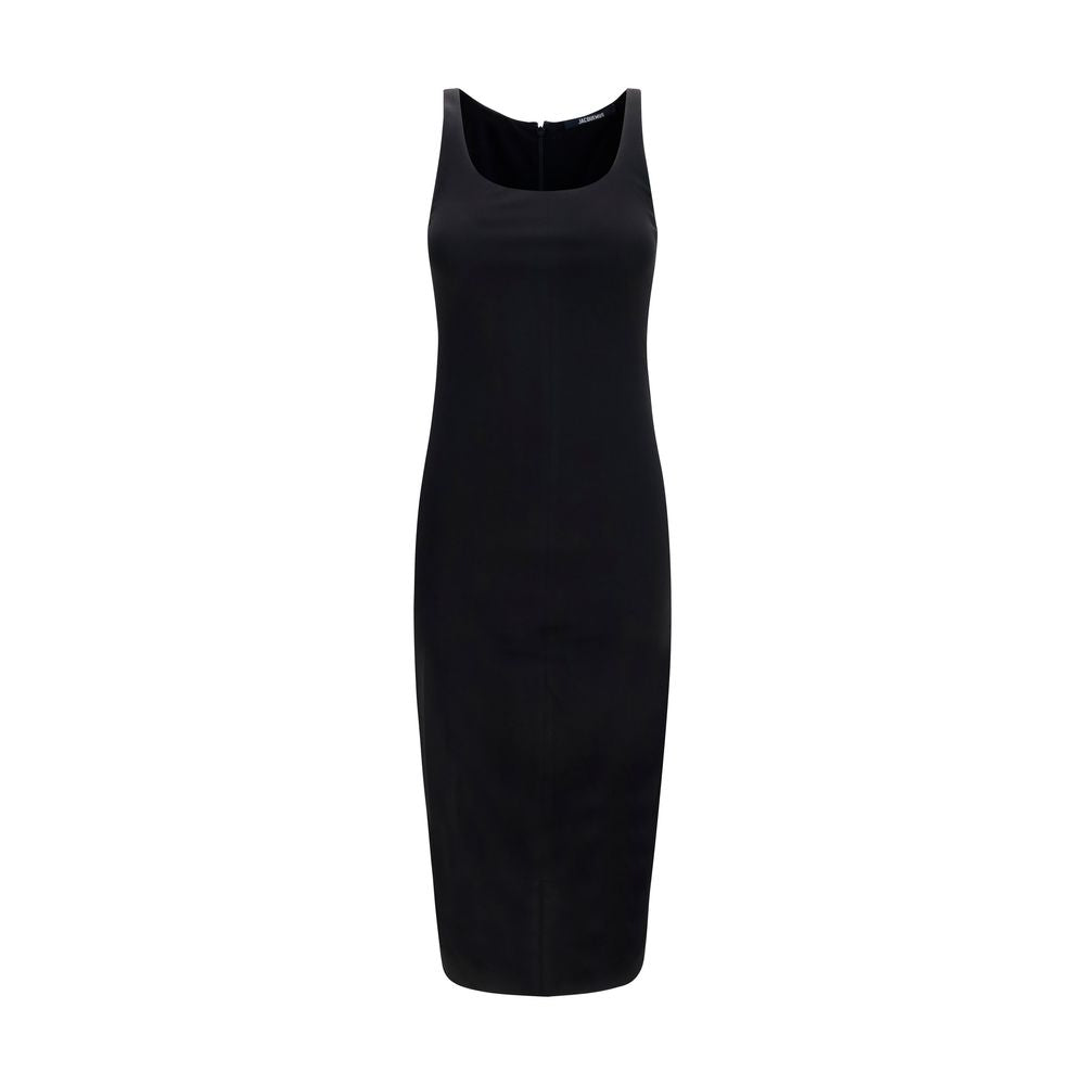 Dress by Jacquemus for women in stretch polyamide viscose black presents a sinuous silhouette, showcasing a sophisticated asymmetric neckline and sleeveless detailed with a sinuous midi for a refined finish.