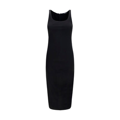 Dress by Jacquemus for women in stretch polyamide viscose black presents a sinuous silhouette, showcasing a sophisticated asymmetric neckline and sleeveless detailed with a sinuous midi for a refined finish.