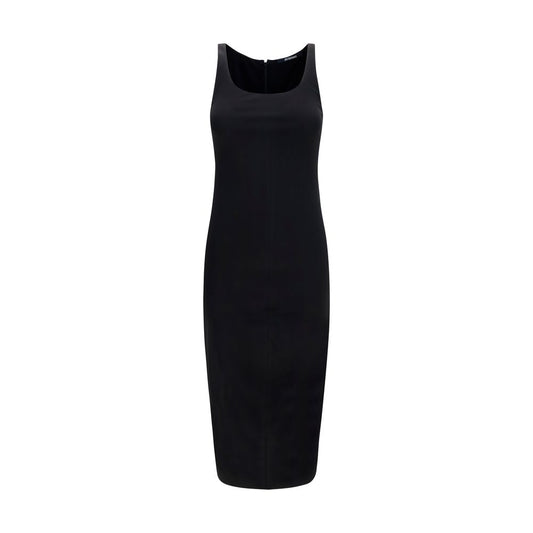 Dress by Jacquemus for women in stretch polyamide viscose black presents a sinuous silhouette, showcasing a sophisticated asymmetric neckline and sleeveless detailed with a sinuous midi for a refined finish.