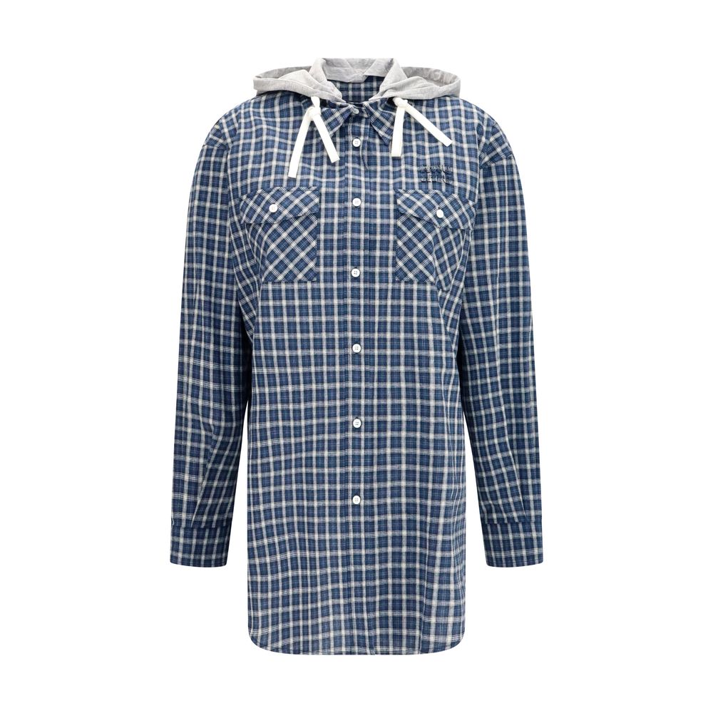 Hooded Shirt by Miu Miu for women in cotton blue, patterned & checked presents a discerning silhouette, showcasing a sophisticated hooded neckline and long-sleeve for a truly discerning finish.