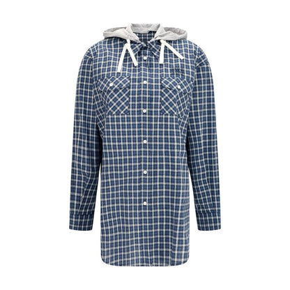 Hooded Shirt by Miu Miu for women in cotton blue, patterned & checked presents a discerning silhouette, showcasing a sophisticated hooded neckline and long-sleeve for a truly discerning finish.