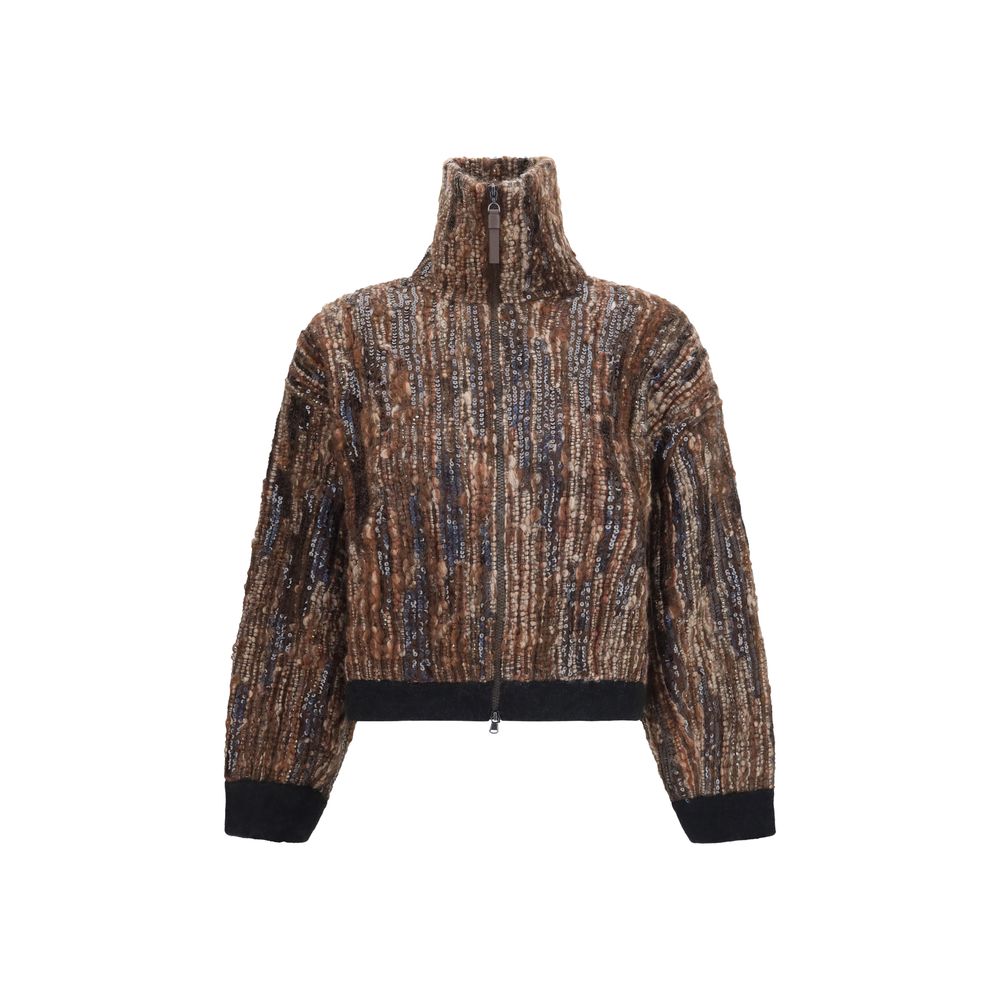 Hooded Overcoat by Brunello Cucinelli for women in mohair polyamide & polyester brown features a contemporary silhouette showcasing a contemporary hooded neckline and refined hooded for a sophisticated finish.