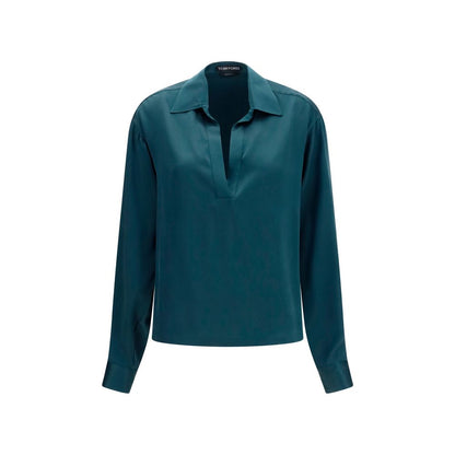 Dress Shirt by Tom Ford for women in silk blue features an polished silhouette, showcasing a sophisticated v-neck neckline and long-sleeve detail for a truly polished finish.