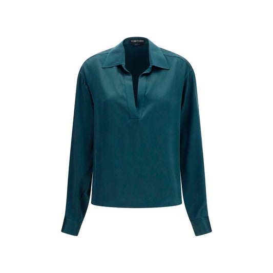 Dress Shirt by Tom Ford for women in silk blue features an polished silhouette, showcasing a sophisticated v-neck neckline and long-sleeve detail for a truly polished finish.