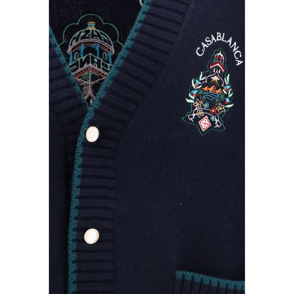 Cardigan by Casablanca for men in cashmere merino wool & capra leather blue & gold presents a textural silhouette, artfully finished with a textural and for a sophisticated, textural look.