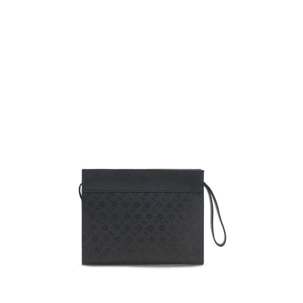 This Pouch Handbag by Ferragamo for unisex in bos taurus calfskin leather and black & monogram presents a sculptural silhouette featuring a secure zipper, ample , and versatile wristlet for a sculptural finish.