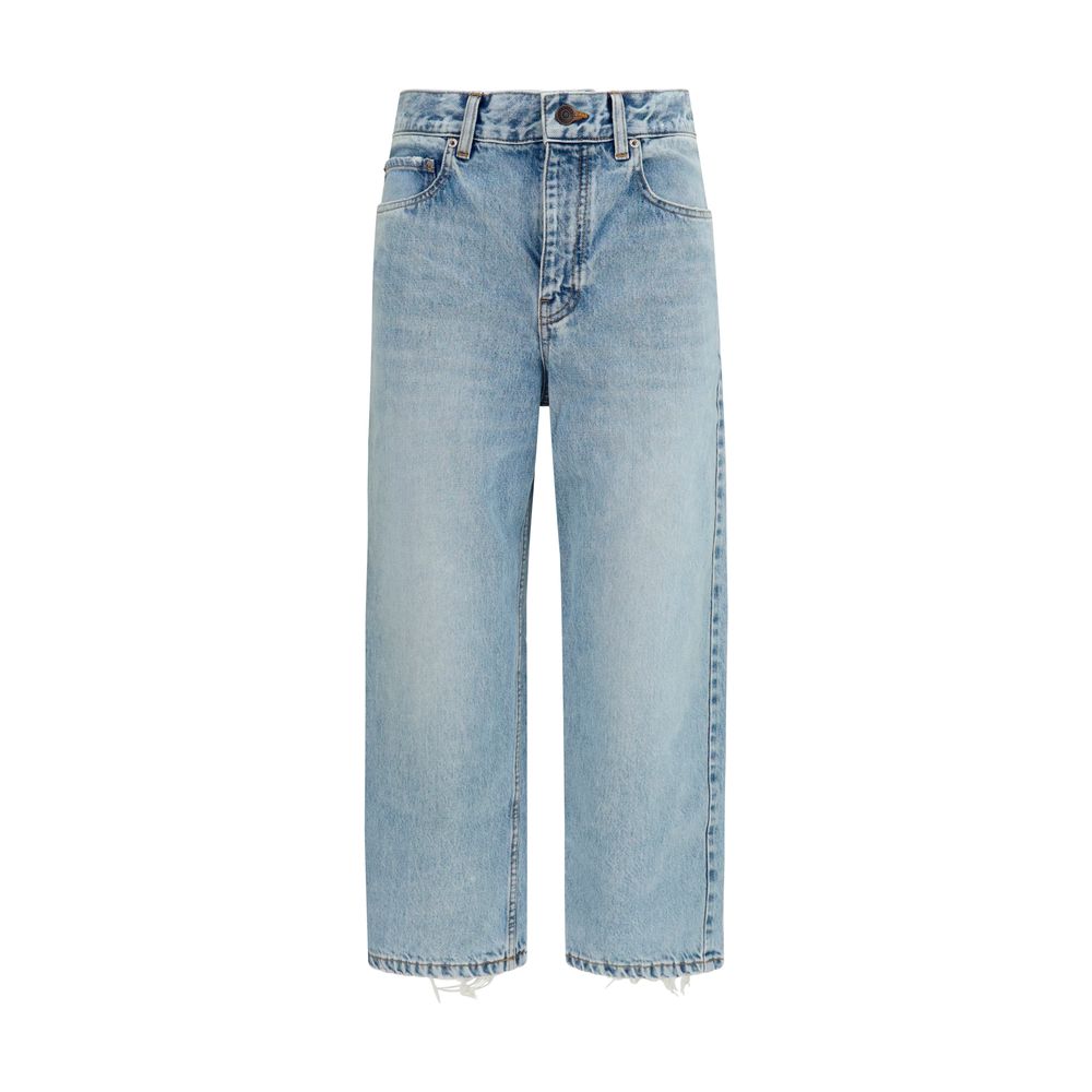 Jeans by Balenciaga for women in organic denim cotton & leather blue & gray features a polished silhouette with a polished regular-fit, capri & cropped, reaching a polished capri cropped and finished with a polished mid rise.