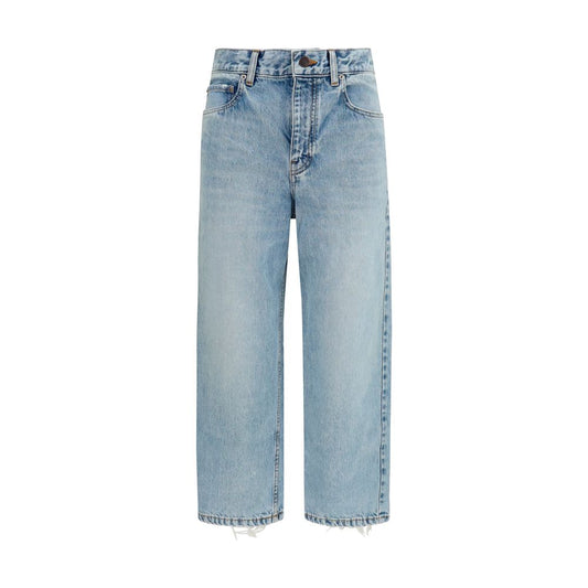 Jeans by Balenciaga for women in organic denim cotton & leather blue & gray features a polished silhouette with a polished regular-fit, capri & cropped, reaching a polished capri cropped and finished with a polished mid rise.