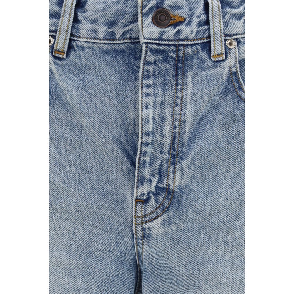 Jeans by Balenciaga for women in organic denim cotton & leather blue & gray presents a tailored silhouette, showcasing a tailored regular-fit, capri & cropped and capri cropped cut with a refined mid rise for a truly tailored aesthetic.