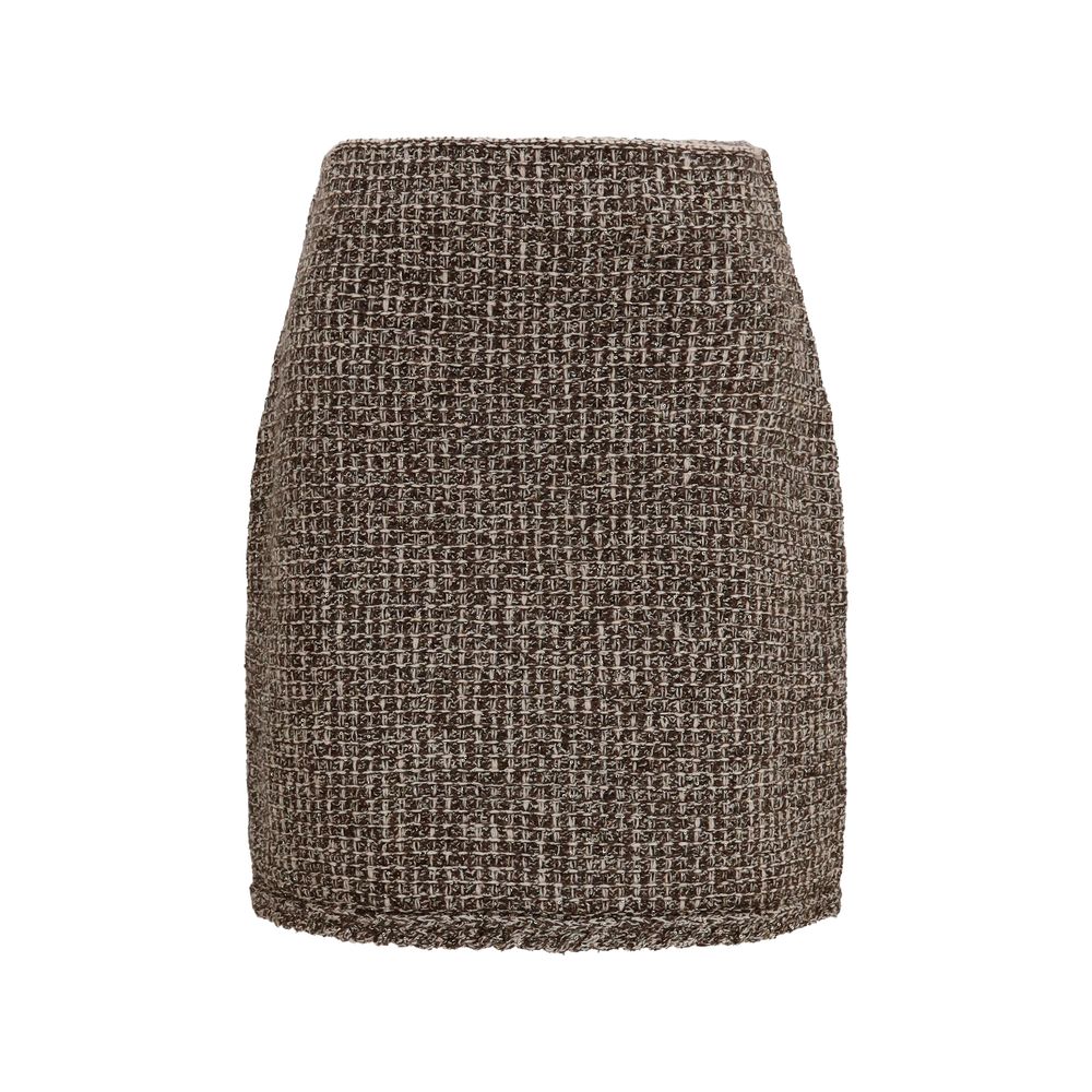 Skirt by Fabiana Filippi for women in polyamide polyester capra leather & merino wool brown & checked features a contoured silhouette from the Women's Tailored Polyamide Polyester Capra Leather & Merino Wool Short Mini Skirt collection, characterized by its contoured short mini for a contoured finish.