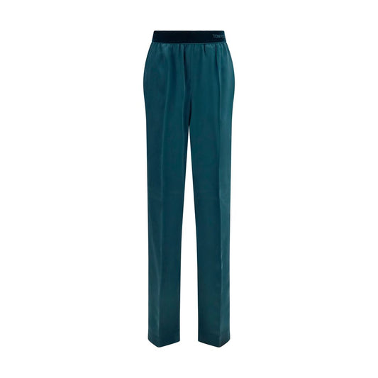 Casual Pants by Tom Ford for women in satin silk velvet black & blue presents a refined pantology silhouette, artfully defined by a refined pantology relaxed-fit, regular-fit & wide, long, and a sophisticated .